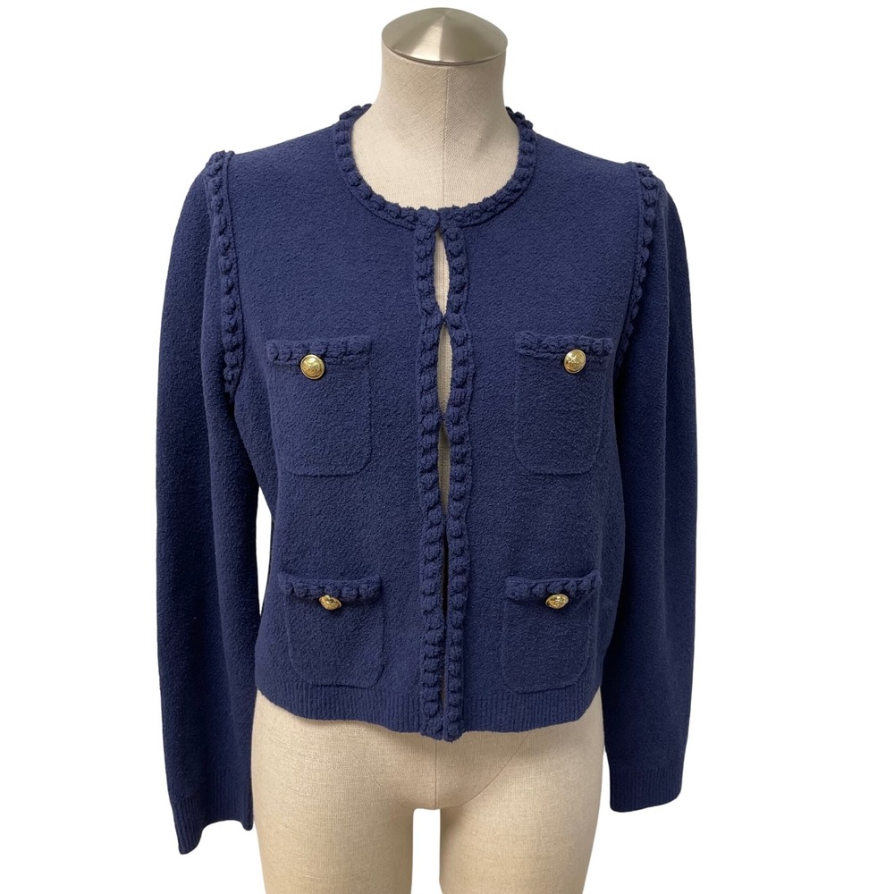 J. Crew Odette Sweater Lady Jacket Womens Medium Navy Blue Gold Button Boucle
